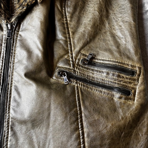 FORNIA Womens Faux Leather Fur Lined Vest Olive Green Moto Zip Pockets Size M - Picture 5 of 12